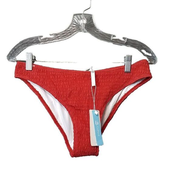 Cupshe Large Bikini Bottoms Ribbed Smocked Rust Red Cheeky New With Tags L - Picture 1 of 8